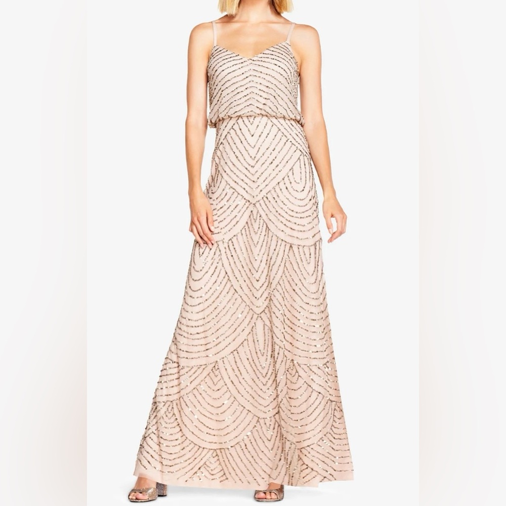 Adrianna Papell ART DECO BEADED BLOUSON GOWN IN TAUPE PINK